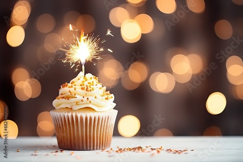 Birthday cupcake with lit candle on grey table blurry lights in background Room for text