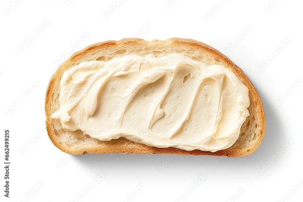 Bread with cream cheese on a white background melted cheese toast seen from above Bread with cream cheese on a white background melted cheese toast seen from above