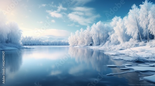 Tranquil winter wonderland lake, its frozen surface adorned with delicate frost, reflecting the surrounding snow-covered trees and creating a serene winter scene.