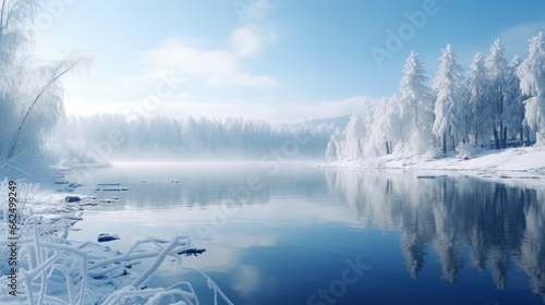 Tranquil winter wonderland lake  its frozen surface adorned with delicate frost  reflecting the surrounding snow-covered trees and creating a serene winter scene.