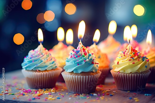 Candles forming Happy Birthday on colorful cupcakes