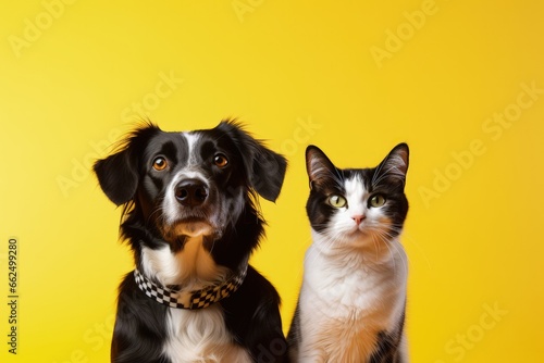 Cat and dog posing before yellow background