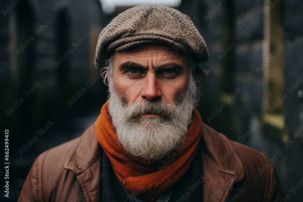 Portrait of an old man with a gray beard and a beret on the street Portrait of an old man with a gray beard and a beret on the street