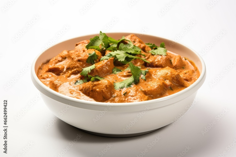 Close up photo of Indian Butter Chicken in a bowl on a white background