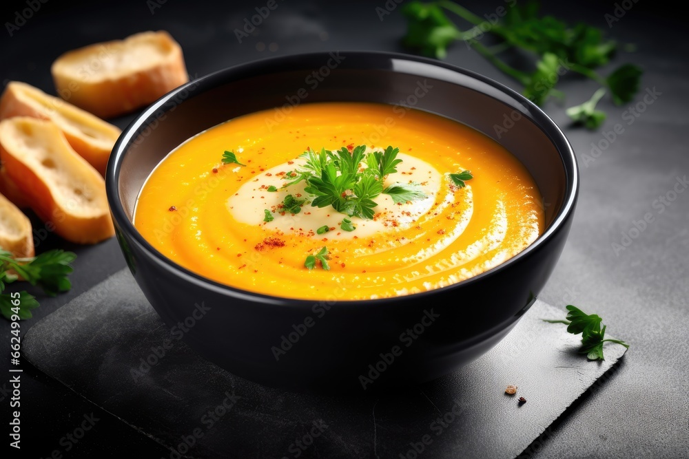 Close up top view of a pumpkin and carrot cream soup in a bowl on a slate background Close up top view of a pumpkin and carrot cream soup in a bowl on a slate background