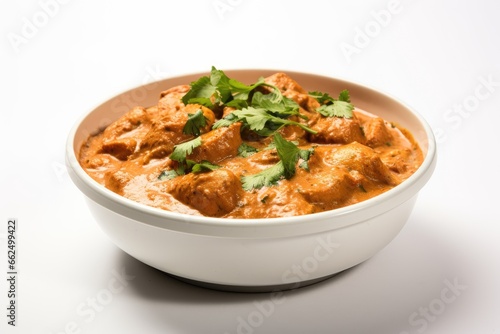 Close up photo of Indian Butter Chicken in a bowl on a white background