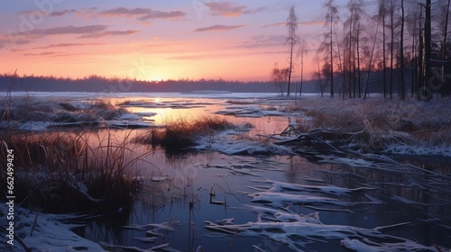Twilight in a frozen marshland, with delicate ice crystals forming on reeds, and the last light of day casting long shadows on the snowy ground.