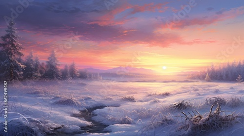 Twilight in a winter meadow, where a delicate blanket of snow adorns the landscape under the soft hues of the setting sun. © Nasreen