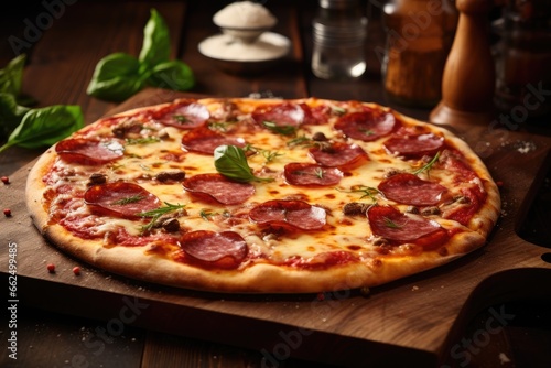 Close up view of a wood board with delicious Italian salami pizza topped with mozzarella and fresh herbs for menu promotion