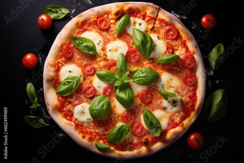 Close up top view of Pizza Margherita with tomatoes basil and Mozzarella cheese on a black stone background