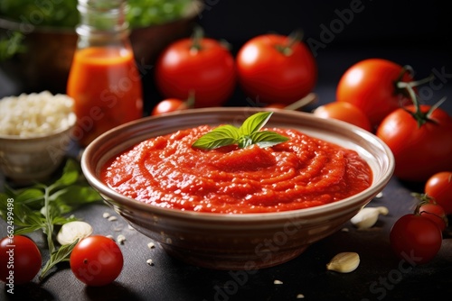 Closeup of tomato paste in bowl with ingredients on tray very tasty