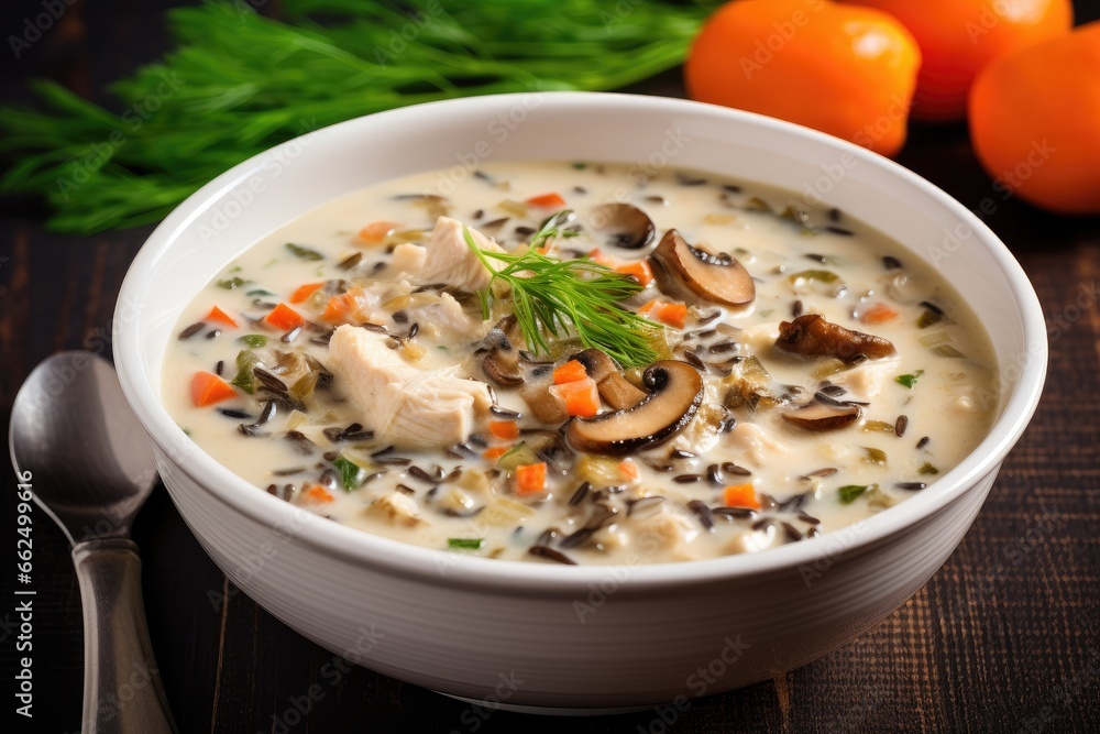 Creamy homemade soup with chicken vegetables and wild rice in a white bowl