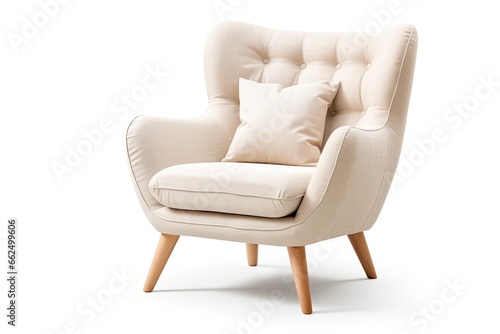 Cream modern armchair isolated on white with upholstered armrests button tufted back cushion and wooden legs an accent arm chair for interior furniture