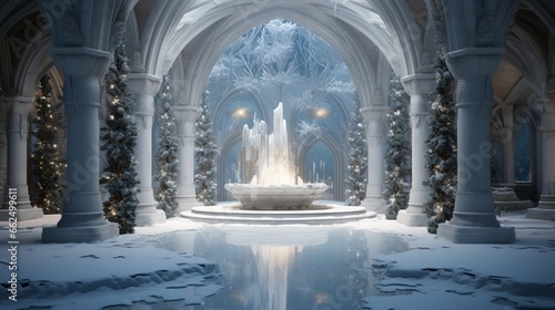Winter art gallery, where snow-covered sculptures and frozen fountains create an ethereal ambiance, turning the space into a masterpiece itself.