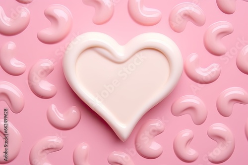 Cream heart shapes on a pastel pink table Focus on skin care Closeup with space for text or logo