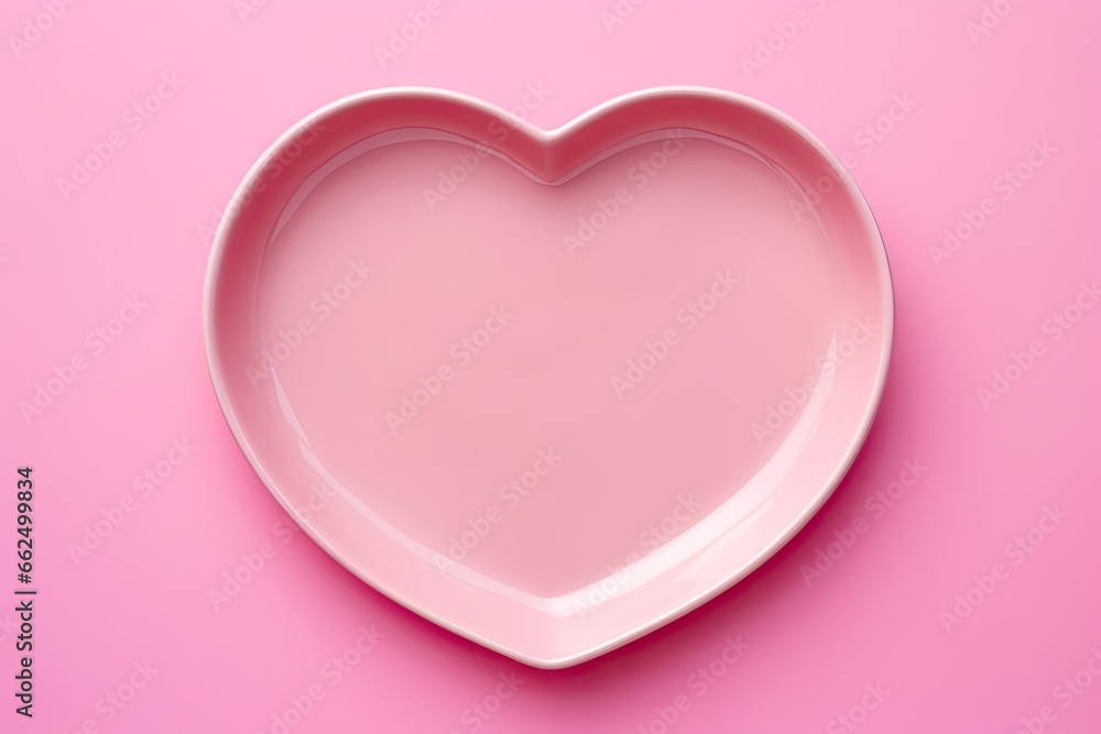 Empty heart shaped plate on pink table Top view copy space Empty heart shaped plate on pink table Top view copy space