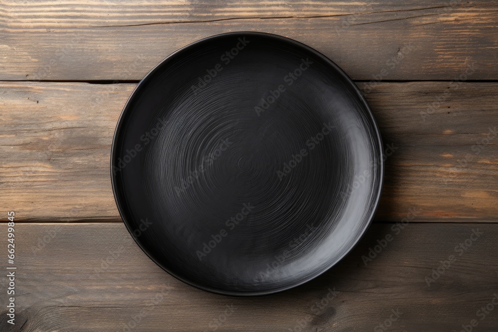 Empty black plate on rustic wooden table Empty black plate on rustic wooden table