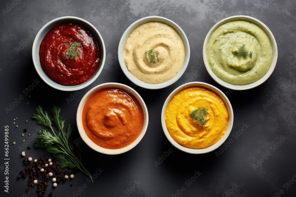 Flat lay of various bowls with different sauces and ingredients on a gray background offering space for text Flat lay of various bowls with different sauces and ingredients on a gray background offering space for text