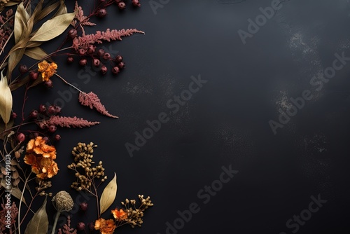 Dried floral and eucalyptus arrangement on dark backdrop Plants in frame Flat lay empty area