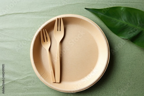 Eco friendly utensils made of bagasse and bamboo on banana leaf background Save the earth