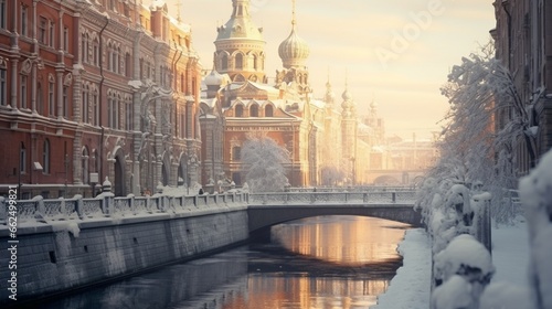Winter canal surrounded by historic architecture, with frozen bridges and ornate buildings creating a fairy-tale-like frozen waterway.