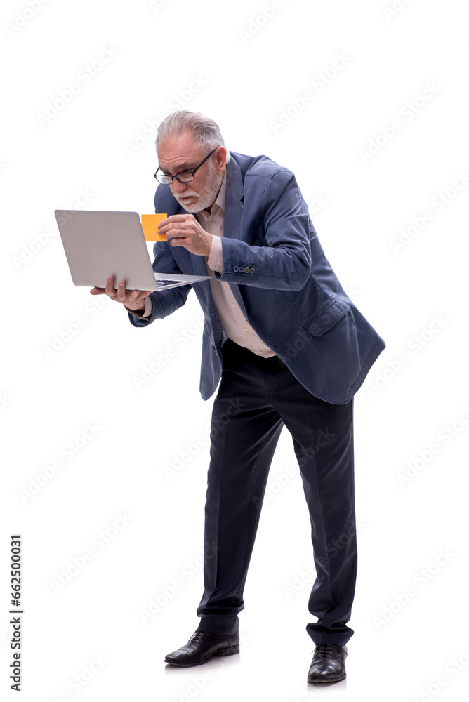 Old businessman with computer isolated on white Old businessman with computer isolated on white