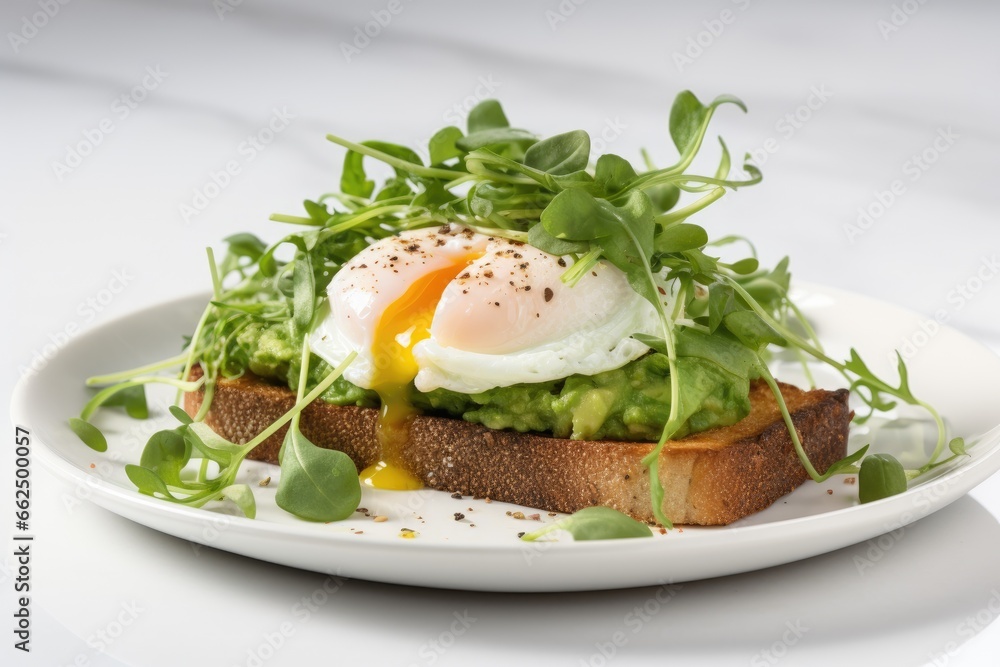 Healthy breakfast option Avocado Egg Sandwiches on whole grain toast with mashed avocado fried eggs and organic microgreens on white table