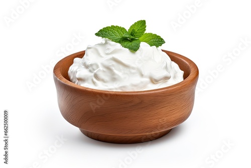Fresh sour cream in wooden bowl isolated on white