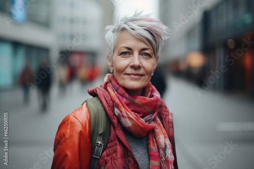 Portrait of senior woman walking in the city. Looking at camera.
