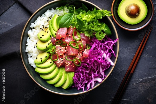 Healthy Hawaiian dish with rice featuring tuna poke bowl and various fresh toppings captured in an aerial flat lay photo