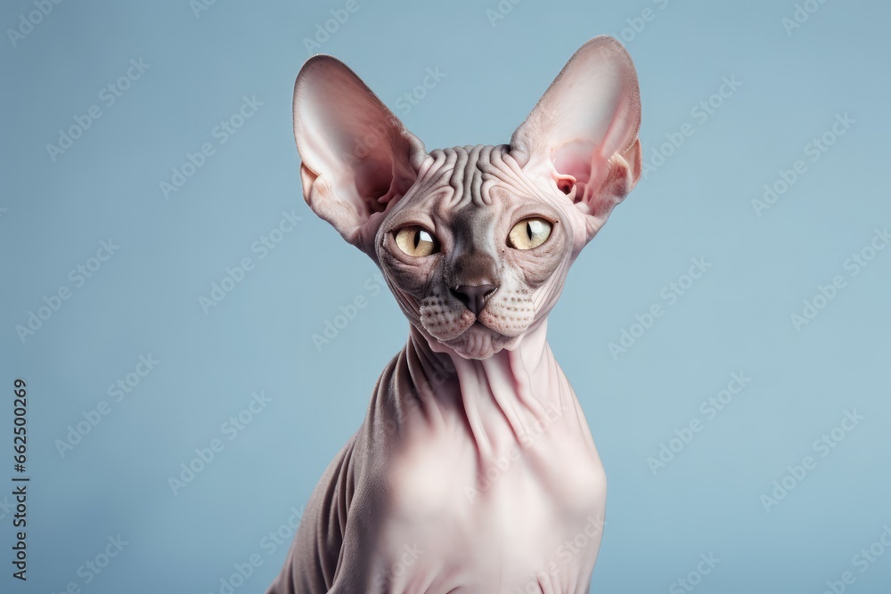 Luxurious amusing sphynx cat posing in a gray studio Emphasizes pets love and lively motion Offers copyspace for ads