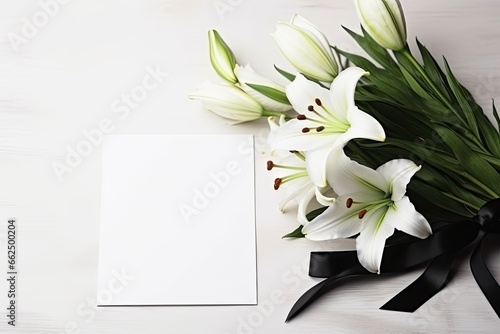 Indoor funeral frame with black ribbon lilies and space for design on white table