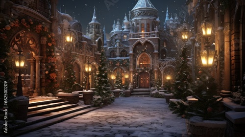 Winter castle courtyard with a candlelit path, where the flickering lights create a fairy-tale ambiance in the snow-covered courtyard. © Nasreen