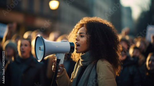 A diverse crowd peacefully protesting, a woman passionately leading the group with a motivational speech.