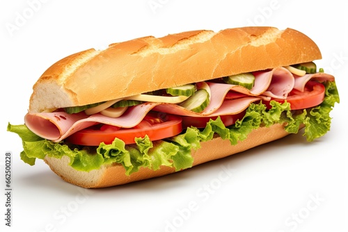Isolated submarine sandwich with ham cheese and vegetables on white background