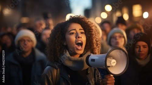 A diverse crowd peacefully protesting, a woman passionately leading the group with a motivational speech. © PixelPaletteArt