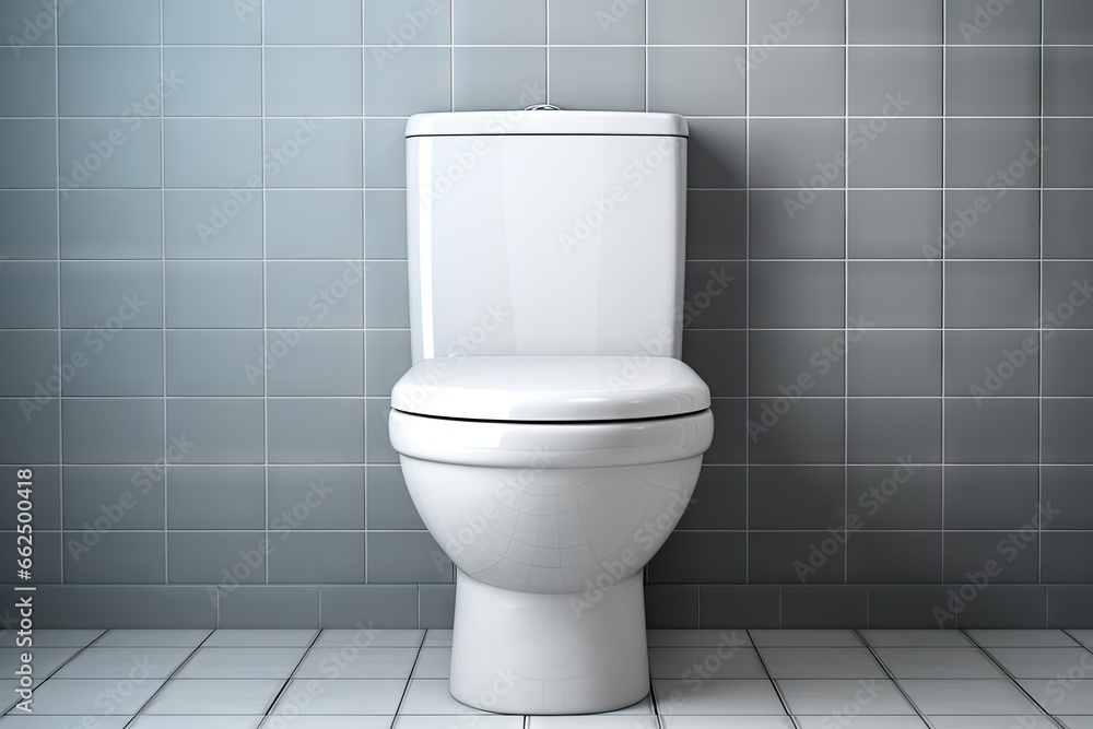 New white toilet installed on tiled wall facing forward New white toilet installed on tiled wall facing forward