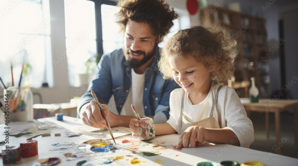 Fototapeta premium An art teacher guiding a child's hand, helping to create a bright, cheerful painting in a light-filled classroom.