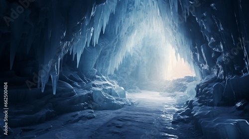Winter cave behind a crystalline icy waterfall, sunlight filtering through translucent ice.
