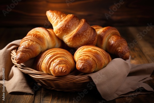 New croissants in a basket on a table