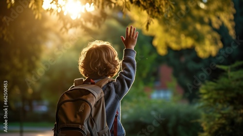 A young boy, backpack hanging slightly off one shoulder, waving goodbye to his mother on his first day of school.