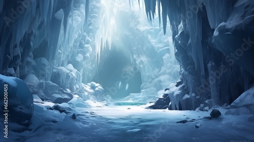 Winter cave behind a crystalline icy waterfall, sunlight filtering through translucent ice.