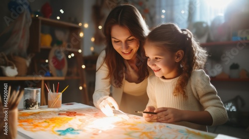 An art teacher guiding a child's hand, helping to create a bright, cheerful painting in a light-filled classroom.