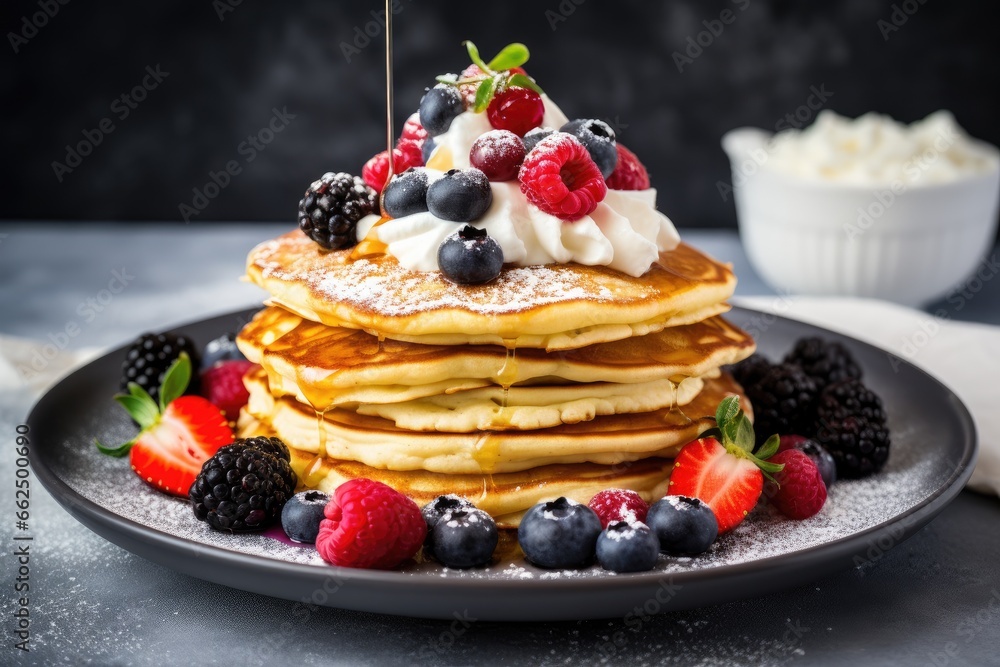 Partial keto pancake stack with coconut or almond flour topped with berries whipped cream and one slice devoured Partial keto pancake stack with coconut or almond flour topped with berries whipped cream and one slice devoured