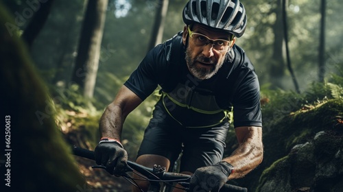 A cyclist, pushing through a steep terrain, face indicative of determination and adventure, amidst nature.