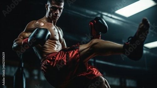A kickboxer in action, gloves poised, delivering a powerful high kick during an intense training session.
