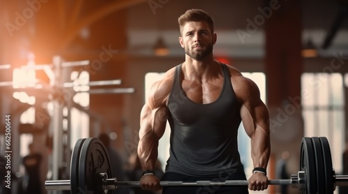A man in the gym, focused and lifting heavy barbells, his muscles tensing with every lift.