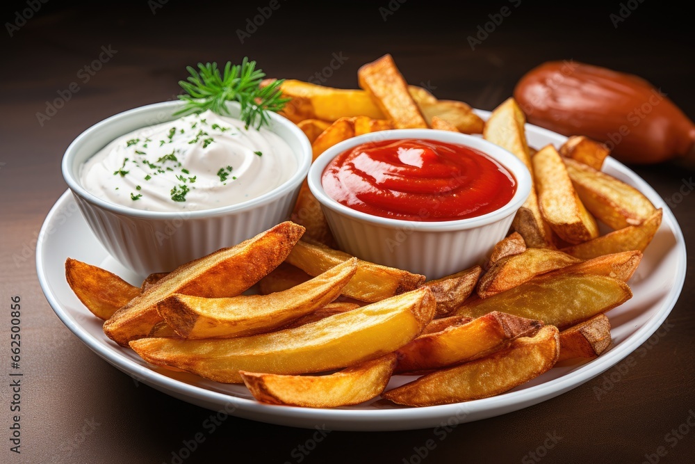 Potato snacks adorned with creamy sourness and tomato condiment Potato snacks adorned with creamy sourness and tomato condiment