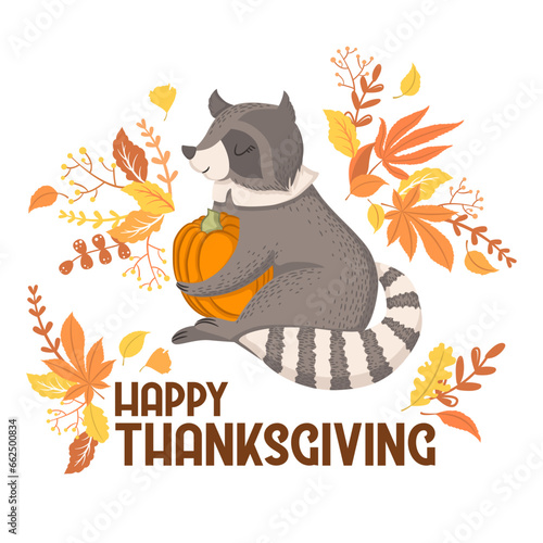 Vector illustration with cute racoon character, lettering and autumn leaves isolated on white background. Illustration for Thanksgiving greeting card, invitation template, poster