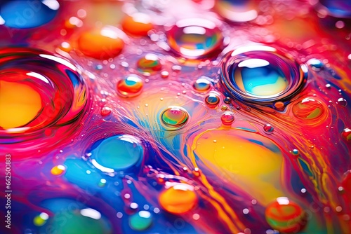 Psychedelic abstract design with oil in water showcasing colorful space planets